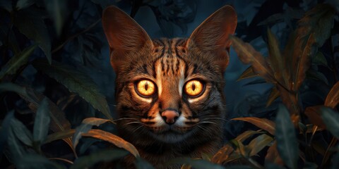 Halloween Exotic Animals Concept. Mysterious cat with striking eyes lurking among dark foliage.