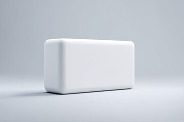 A subtly rounded, blank, white rectangular block sits on a light gray background, exhibiting a minimalist aesthetic