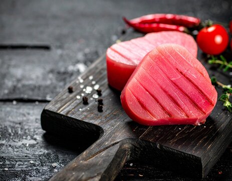 Heart-shaped grilled tuna steaks on a dark wooden board with herbs and vegetables