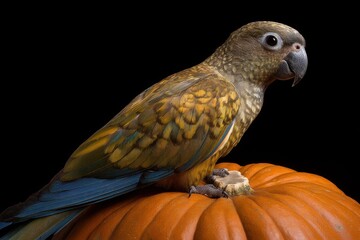 Fototapeta premium Halloween Exotic Animals Concept. Bird perched on a pumpkin with a dark background.