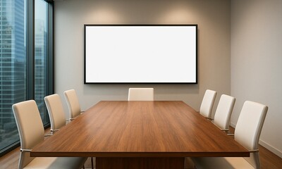 A simulated TV screen in a modern minimalist conference room