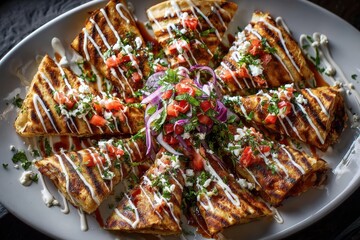 Fototapeta premium Delicious quesadillas garnished with fresh toppings on a white plate served at a Mexican restaurant