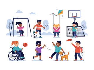 Inclusive Playground: Children of diverse backgrounds and abilities engage in playful activities, celebrating inclusivity and childhood, creating a heartwarming scene of community spirit.