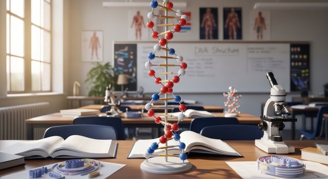 Sunlit Biology Classroom with DNA Model and Microscope