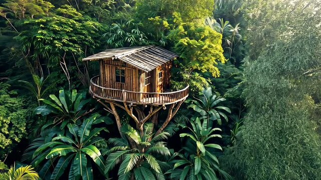 Wooden treehouse built on tall trees surrounded by lush tropical forest and natural greenery under bright sunlight