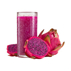 Glass of vibrant pink dragon fruit juice with fresh fruit slices isolated on transparent background