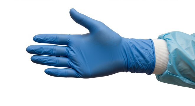 Healthcare Professionals Hand in a Blue Nitrile Glove Reaching Out for a Sterile Handshake.