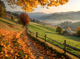 Fototapeta premium Golden path autumn leaves rolling hills misty valley fall landscape
