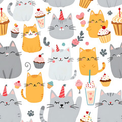 Adorable Kawaii Cats Birthday Party Seamless Pattern, a Joyful Celebration with Cute Kittens and Cupcakes for Kids Fabric