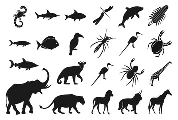 Diverse collection of black animal silhouettes on white background