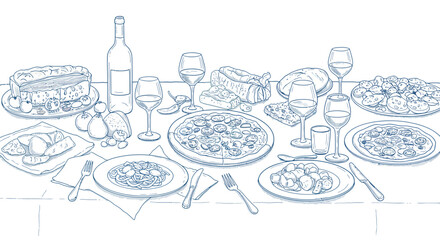 Linear outline dining table spread with italian cuisine and wine