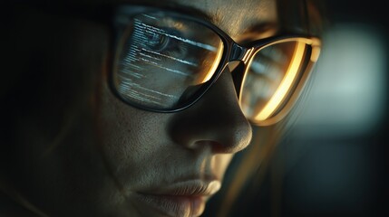 暗い環境で眼鏡にコードが反射する画面を集中して見つめる人物のクローズアップ | Close-up of a person's face intently viewing a screen, with programming code reflected in their eyeglasses in a dark environment