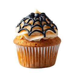 Festive Halloween treat featuring a cupcake decorated with a spiderweb and spider, set against a dark background.