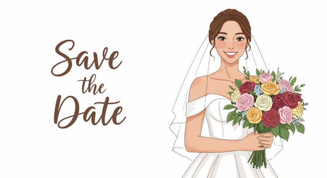 Elegant save the date design featuring bride with flower bouquet