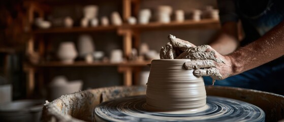 The potter expertly shapes clay on the wheel in a serene workshop environment.