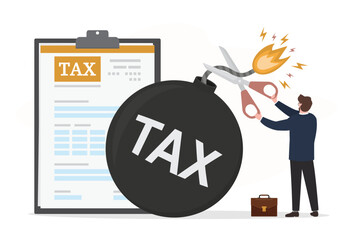 Businessman uses scissors cutting fuse of giant bomb. Scissors to cut tax bomb. Relief from debt and tax burden. Accounting, tax reduction, budget optimization. Tax time