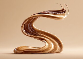 A swirling, S-shaped stream of light and dark brown liquid, glossy and textured, against a pale beige background