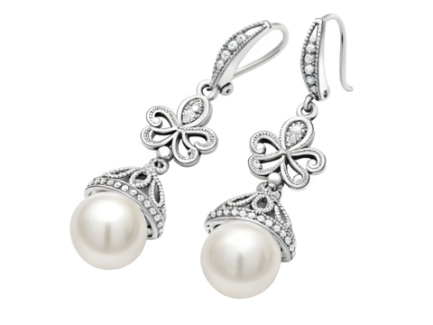 Elegant pearl and diamond drop earrings with floral motifs
