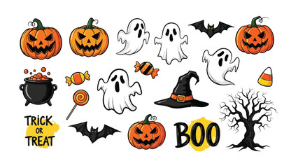 Halloween Elements: A collection of spooky and festive Halloween-themed cartoon elements, including pumpkins, ghosts, bats, cauldron, candy, witch hat.