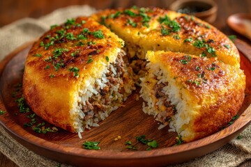 Delicious saffron layered rice dish with savory meat filling served on a wooden platter with fresh herbs