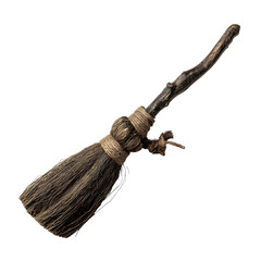 A rustic, handmade broom with a wooden handle and natural fiber bristles tied with twine, isolated on black.