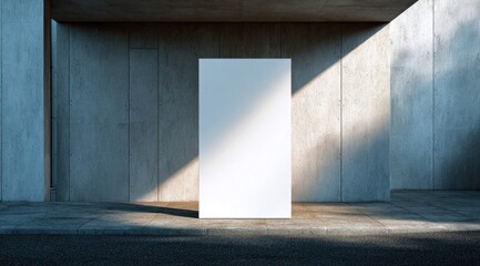 A tall, blank, white rectangular sign stands upright on a city sidewalk, bathed in diagonal sunlight against a textured concrete wall backdrop
