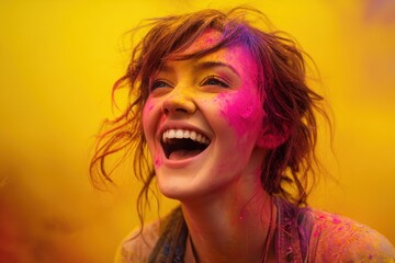 Joyful young woman celebrating with vibrant colors during a festival in springtime