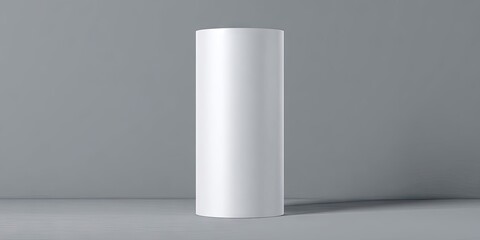 A tall, cylindrical, white object stands on a gray surface against a gray backdrop;  smooth, clean, and simple design