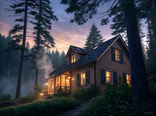 Wooden cabin nestled among tall pine trees at dusk forest