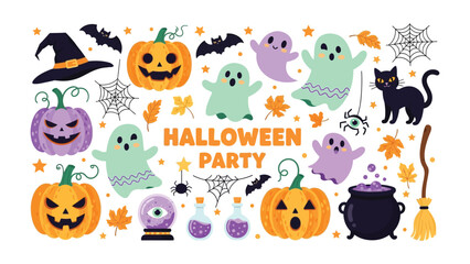 Halloween Party Elements: Spooky and fun Halloween elements including pumpkins, ghosts, bats, witches hat, spiderwebs, cauldron, magic potions, black cat, and autumn leaves.