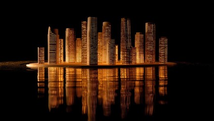 Miniature city island at night, lit buildings reflecting in water