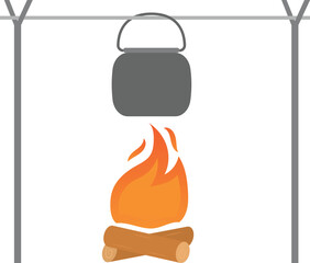 Cooking Pot over Campfire Flat Illustration. Clean Icon Design Element on Transparent Background