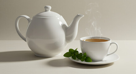 White porcelain teapot with a steaming cup of green tea, fresh mint leaves on the side, light minimalist background