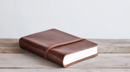 Leather-bound notebook on rustic wooden table with soft natural light and minimalist background