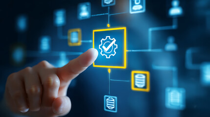 Finger touching a glowing gear and checkmark icon in a digital process flowchart with multiple data nodes
