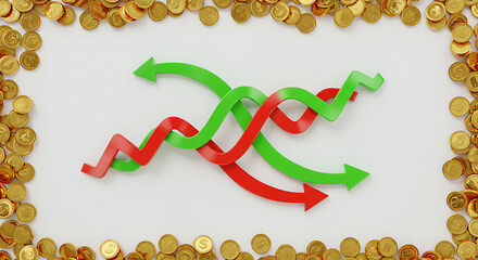 Conceptual chart on a white background, with golden coins around and red and green arrows crossing in opposite directions