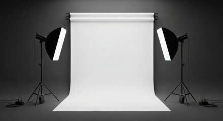 Professional Photography Studio Setup: Clean White Backdrop, Two Studio Lights, Dark Background.