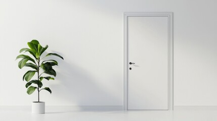 Minimalistic Interior Design with Green Plant and Closed Door on Simple White Wall