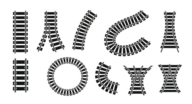Collection of Black and White Train Track Illustrations: Straight, Curved, and Switching Sections for Design Elements.