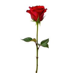 Elegant Red Rose with Green Stem and Leaves on Isolated Background