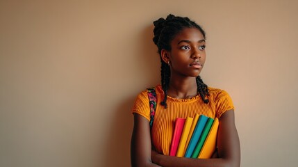 Thoughtful young student in orange shirt holding colorful books while standing against plain wall with serious expression