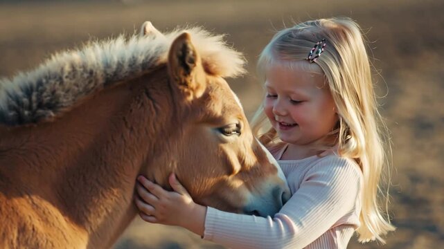 little girl hugging pony horse outdoor sunny day