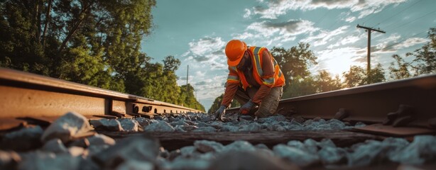 The construction worker performing maintenance on railway tracks during sunset.