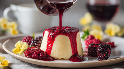 Panna cotta creamy wobble with berry coulis drop
