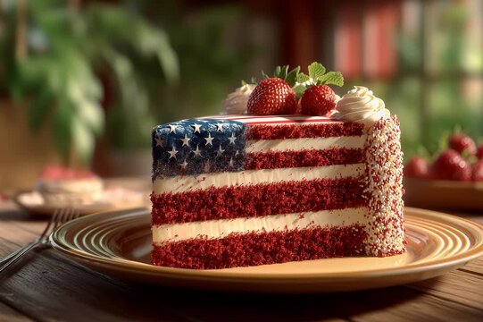 Patriotic Red Velvet Cake Slice with American Flag Design
