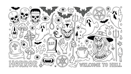 Horror Elements Illustration: An illustrative composition unveils a collection of classic horror elements, creating a chilling yet artistic showcase of iconic symbols and eerie figures. 