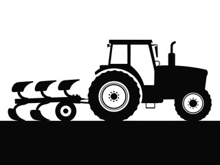 Vector art of silhouette of a tractor with a plow, a symbol of agriculture and rural life