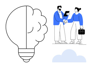 Half brain-half lightbulb beside two professionals shaking hands, symbolizing partnership and innovation. Ideal for ideas, business, creativity, teamwork, strategy, collaboration, and solutions