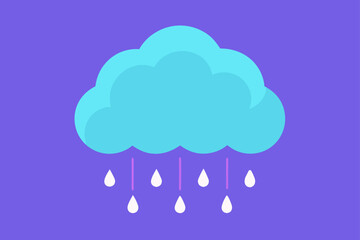 A simple cartoon illustration of a bright blue cloud with white raindrops falling against a solid purple background