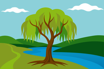 Stylized illustration of a weeping willow tree beside a winding river with rolling green hills and a blue sky with clouds © Sreemoti  bina